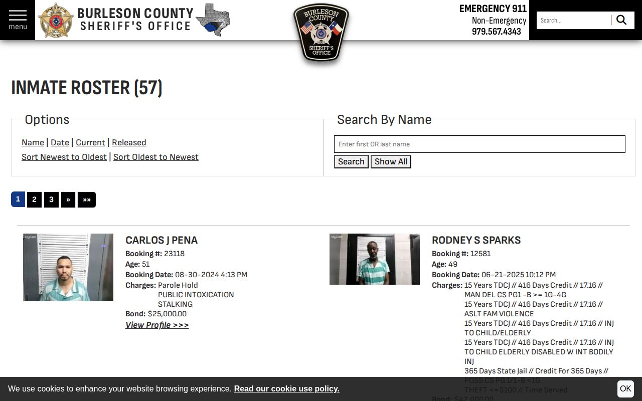 Burleson County Jail roster booking record search controls