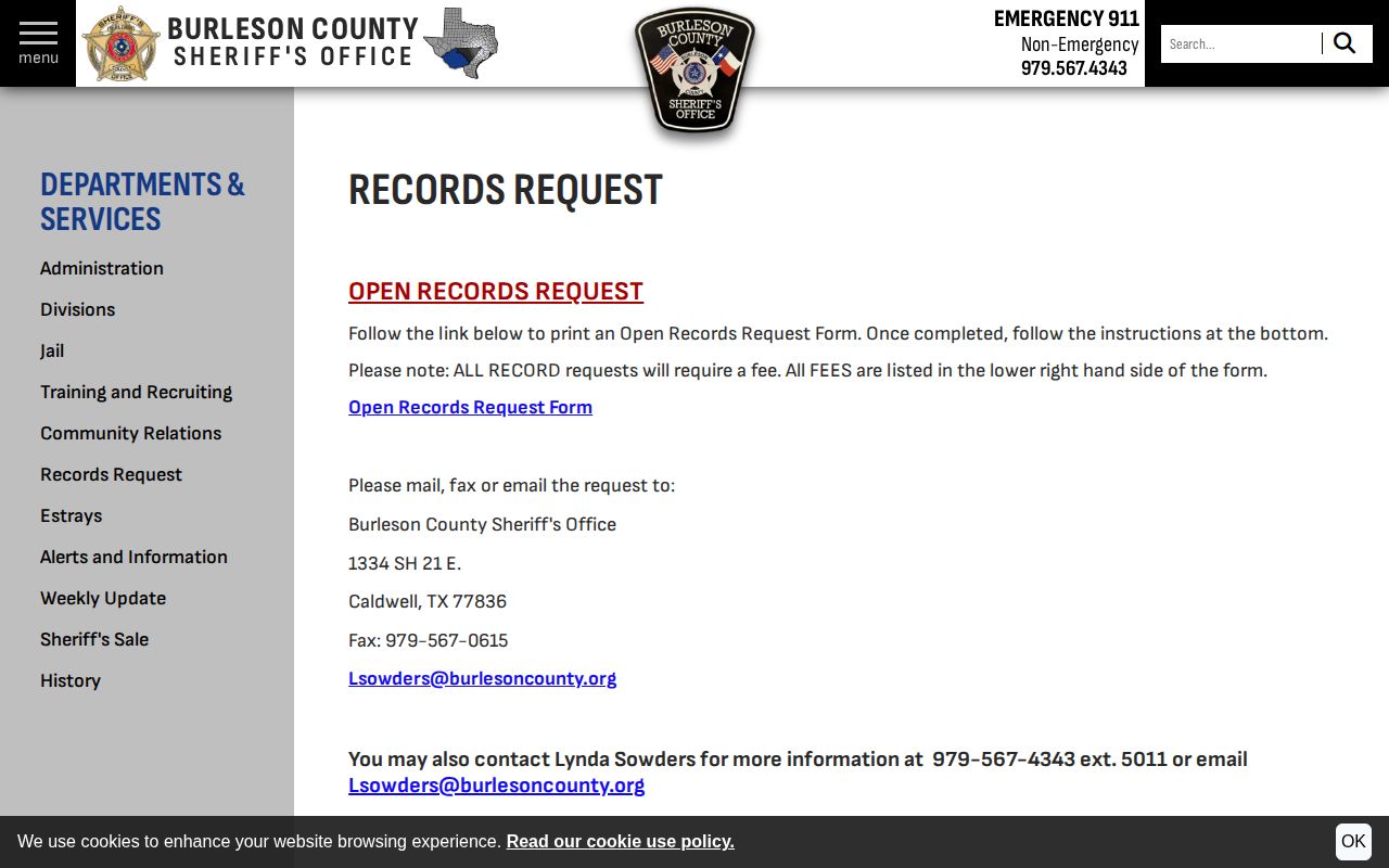 Burleson County booking record request page